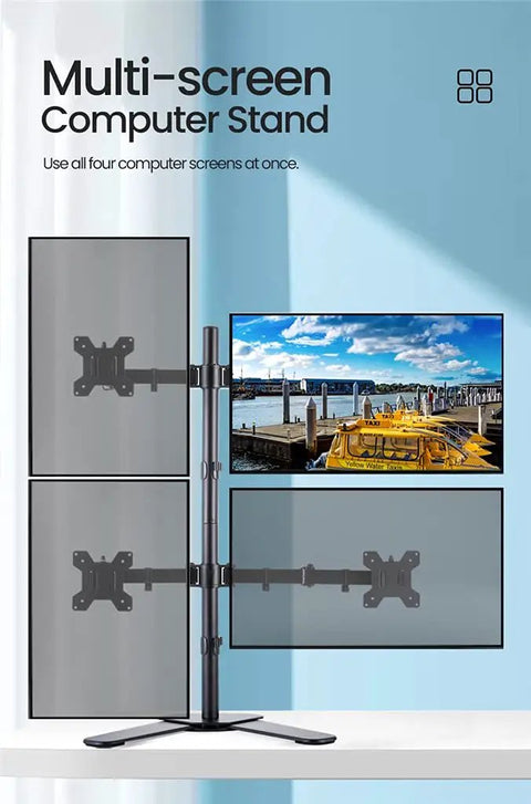 Heavy Duty Quad Arm Desk Mount For Multiple Flat Screens Rock Solid Monitor Bracket With No Sweat Tilt Swivel Clean Desk Vibe Killer Pro Rig 17 To 32 Inch Vesa Compatible with monitors on a desk.