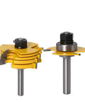 Top Notch 2 Piece Slot Cutter Router Bit Set With Stacked And Bearing Guided 3 Wing Cutters features yellow carbide bits for precision cuts.