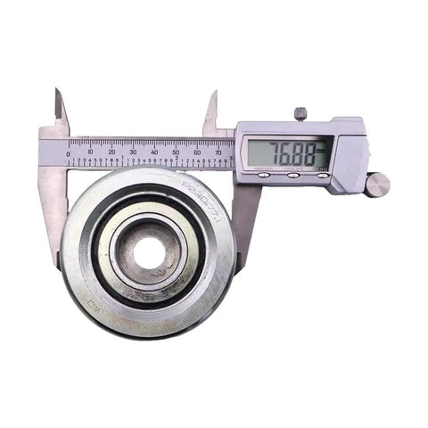 Pro Grade Heavy Duty Mast Roller Guide Bearing For Forklift Trucks with measuring caliper showing 76.88mm diameter.
