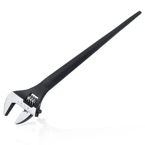 10 Inch Adjustable Spud Wrench with Black Oxide Finish, showing metric scale, tail crowbar feature for construction jobs.