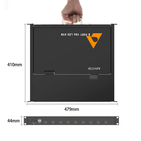 15.6 Inch HDMI KVM Console With Eight Port Switch And Hotkey Control, 1U Rackmount design shown with dimensions and handle.