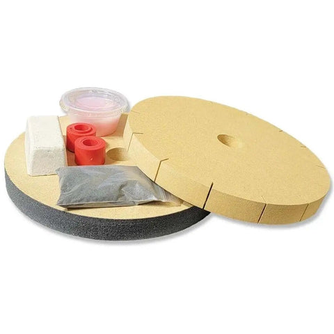 Pro Knife Sharpening Wheel System For 6 And 8 Inch Bench Grinders With Sharpening And Slotted Honing Wheels And Accessories Kit Made In USA For Knife Makers And Serious Sharpeners showing sharpening wheel, honing wheel, and accessories.