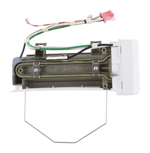 Genuine OEM Refrigerator Ice Maker Assembly Replacement Part Replaces W10825619 - Durable, Easy-Install Ice Maker For Your Freezer Dispenser W10886939 Compatible, showing rear view with wiring connections.