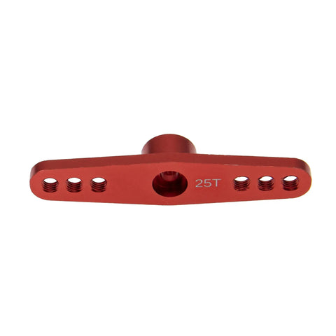 Red aluminum 25T servo horn for RC cars, double arm, CNC machined, part of Three Pack Aluminum Alloy 25T Servo Horns