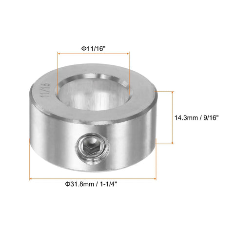 Two Pack Shaft Collar Set Screw 11/16 Inch Bore 304 Stainless Steel 1-1/4 Inch Outer Diameter 9/16 Inch Wide Heavy Duty Hardware For Wheelbarrow Axle Gearbox Assembly And Machinery Uses. dimensioned side view
