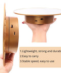Heavy Duty 360 Degree Motorized Rotating Display Stand Turntable For Mannequin Heads And Wigs in hand, showcasing USB ports and gold finish.