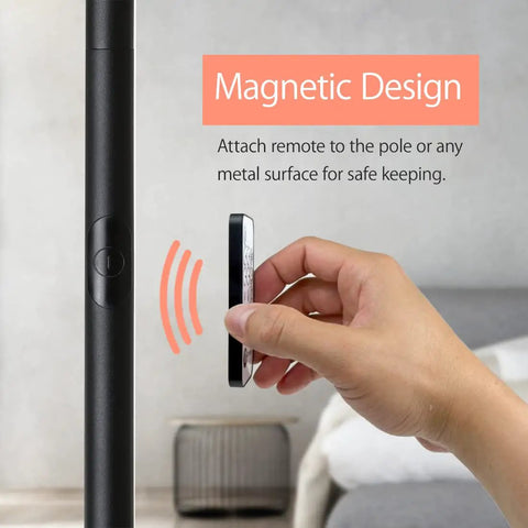 Close-up of Dope Cylinder LED Floor Lamp with remote showcasing magnetic design for secure attachment.