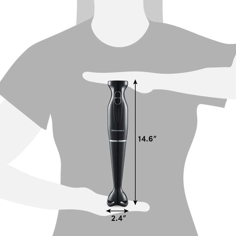Heavy Hitter Immersion Hand Blender Packs A Killer 300 Watt Motor With Two Adjustable Speeds To Quickly Blend Silky Smoothies Thick Soups And Baby Food No Drama dimensions shown in hand, 14.6 inches tall.