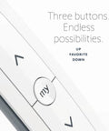 Close-up of 5 Channel RTS Remote Control for Blinds and Shades showing ergonomic buttons: up, favorite, down.