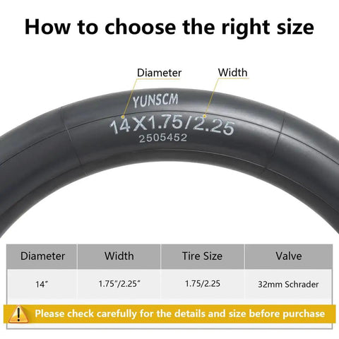 Two Heavy Duty 14 Inch Bike Inner Tubes With Schrader Valve 45/57-254 Fits 14x1.75 14x1.95 14x2.0 14x2.125 14x2.25 sizing guide