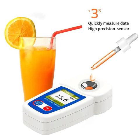 Digital Brix Refractometer For Sugar Content With Zero To Fifty Five Percent Range And Plus Or Minus Zero Point One Percent Accuracy, Auto Temperature Compensation For Consistent Readings, Ideal For Winemaking, Home Brewing, Juices, white unit with orange juice sample