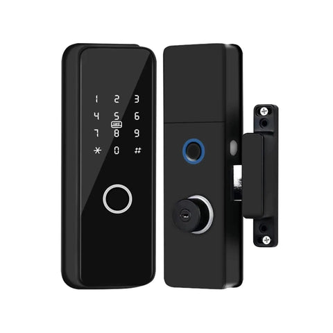 Top Shelf Smart Deadbolt Lock With Fingerprint And Phone App Control IC Card Keyless Entry Zero Hassle Setup, black exterior design.