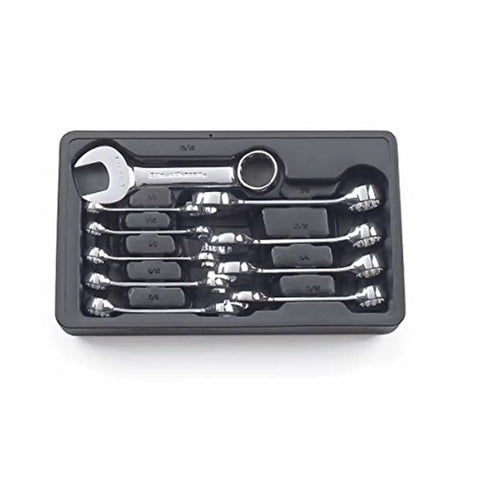 Ten Piece SAE Stubby Twelve Point Wrench Set With Fifteen Degree Offset For Tight Spaces Off Corner Box End For Better Grip