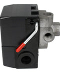 Side view of Workhorse Air Compressor Pressure Switch With Unloader Valve 95 To 125 PSI Four Port One Quarter Inch Npt Connections