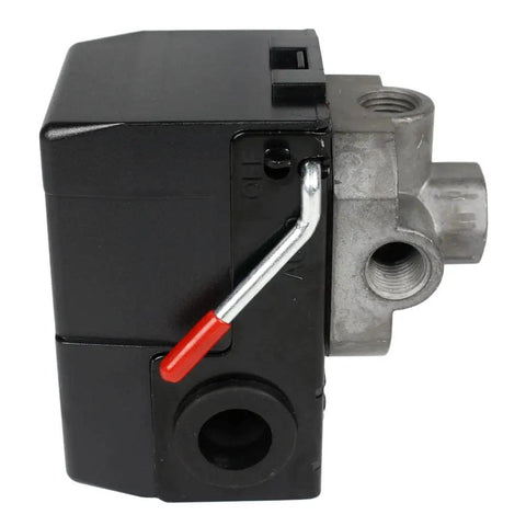 Side view of Workhorse Air Compressor Pressure Switch With Unloader Valve 95 To 125 PSI Four Port One Quarter Inch Npt Connections