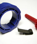Speedo Gear Set For Turbo 350 Transmission with 10T drive gear, 21T driven gear, and drive clip, in blue and red plastic.