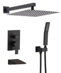 Shower Faucet Set, Matte Black 10-Inch Rain Head with Handheld and Valve, featuring overhead and handheld options.