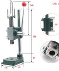 Handheld Leather Hole Punch And Stamping Press with adjustable chuck and press plate, shown with dimensions for DIY crafting use.