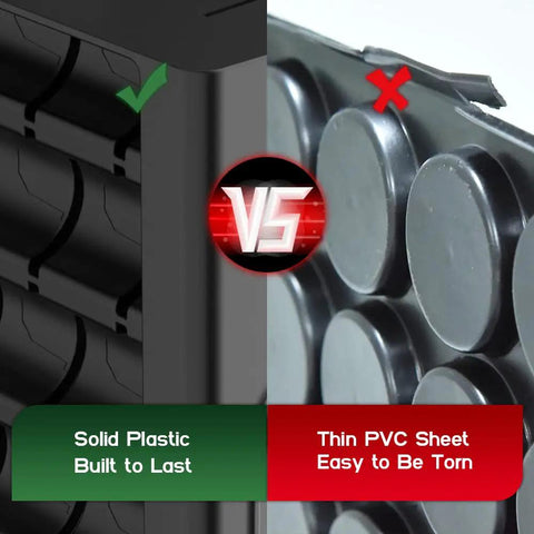 Comparison of solid plastic vs thin PVC sheet. Left shows durable plastic of Tempered Glass Top Coffee Capsule Holder Drawer Fits 36 Nespresso OriginalLine Pods Small Size Heavy Duty Metal Frame Kitchen Countertop Organizer With Easy Clean Plastic Drawer.