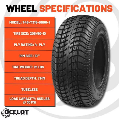 Course Pro 205-50-10 Golf Cart Tires 4-Ply Tubeless with 7mm street style tread, non-directional, for 10x7 wheels.
