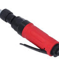 Heavy Duty Pneumatic Air Die Grinder With 4000 RPM Speed And Zinc Alloy Body Straight Shaft Design Lightweight Shop Beast For Smooth Metal Work and No Nonsense Durability side view showcasing compact design and red grip.