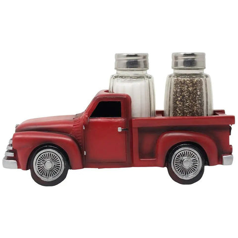 Red Pickup Truck Salt And Pepper Shaker Set For Farmhouse Kitchen Decor, rustic resin figurine with two glass shakers in truck bed.