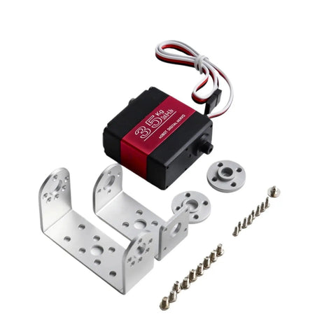 Heavy Duty Dual Shaft Digital Servo Featuring Killer Thirty Five Kilogram Rock Solid Torque And Slick Metal Gears For Full Two Seventy Sweep In Rc Cars Robots with metal mounting brackets and screws.