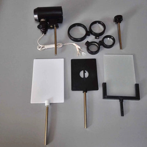 Optical Bench Setup With Convex Lens Imaging Kit For Physics Lab Experiments Includes Light Path Refraction And Divergence Demonstrations Precise Parallel Bar Bench With Gear And Accessories, lenses and screens on gray background