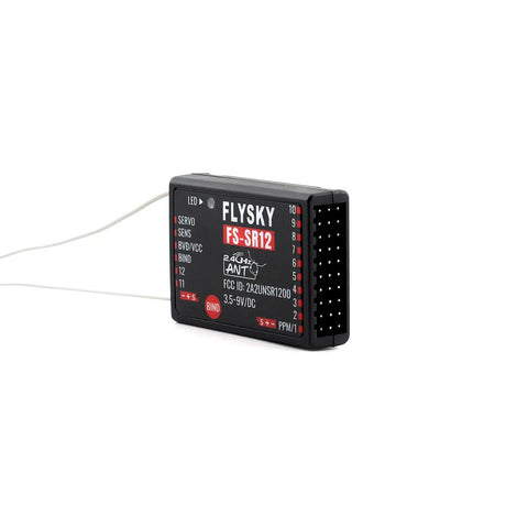 Flysky FS-SR12 Receiver 2.4GHz 12CH ANT Protocol with dual antennas, showing ports for RC planes, helis, drones, and more.