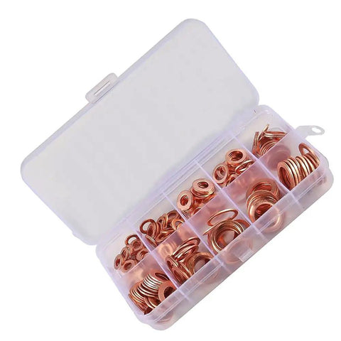 Solid 100 Pcs Copper Washers Assortment Kit With Seven Sizes M4-M14 Flat Sump Plug Oil Drain Seal Gaskets For Auto Plumbing And Mech Jobs, open case