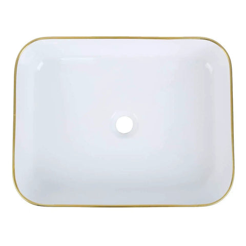 Minimalist Rectangle Porcelain Vessel Sink For Bathroom Above Counter Style Sleek Dope Modern Wash Basin With Light Luxury Appeal Durable Ceramic Vanity Bowl For Balcony And Powder Room, top view of white sink with gold trim.