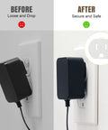 Comparison image showing 12 Pack Loose Outlet Fix With Plug Tightener Inserts stabilizing a charger before and after.