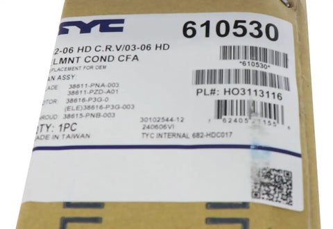 No Sweat Cooling Fan Assembly Direct Bolt On Replacement Compatible With 2002 To 2006 Honda Crv package label with part details.