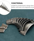 Set of metal dies from Leather Corner Punch And Round Cutter Kit For Belts And Watch Straps, DIY-friendly tool set on a table.