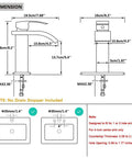 Dimensions diagram for Dope LED Temperature Sensing Waterfall Vanity Faucet in Brushed Nickel with wide glass spout and easy install