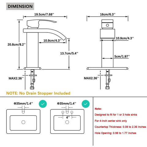 Dimensions diagram for Dope LED Temperature Sensing Waterfall Vanity Faucet in Brushed Nickel with wide glass spout and easy install