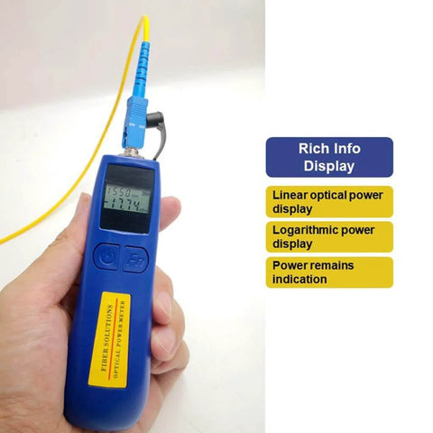 Fiber Optic Power Meter And Light Meter For Tech Pros Minus 70 To Plus 10 dBm 6 Calibrated Wavelengths in hand