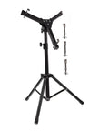 Heavy Duty Matte Black Folding Drum Stand Featuring Silent Snare Practice Pad And Wide Leg Base, collapsible design with height adjustment.