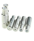 Front view EDM drill electrode and ceramic wire-guide nozzle set; silver metal bodies with white ceramic tips, 1.0 mm