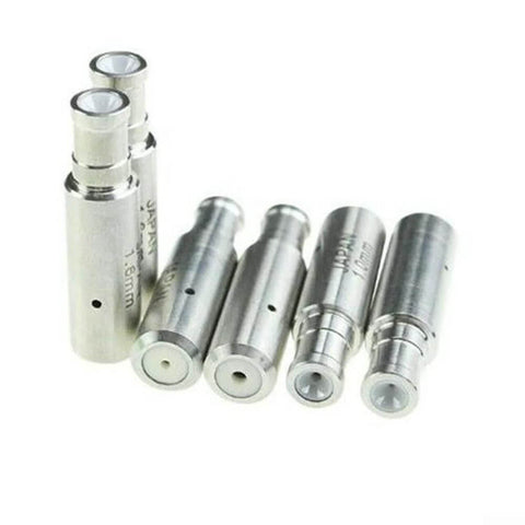 Front view EDM drill electrode and ceramic wire-guide nozzle set; silver metal bodies with white ceramic tips, 1.0 mm