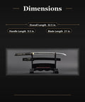 Wakizashi Iaito Unsharpened Aluminum Alloy Iaido Practice Sword With 21 Inch Blade displayed on a stand showing dimensions