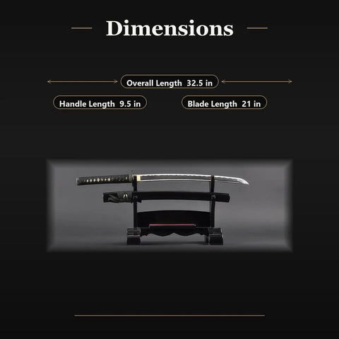 Wakizashi Iaito Unsharpened Aluminum Alloy Iaido Practice Sword With 21 Inch Blade displayed on a stand showing dimensions