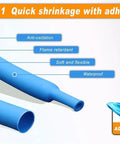 Blue flexible cable protector with labels: anti-oxidation, flame retardant, soft, waterproof. Adhesive lined for durability.