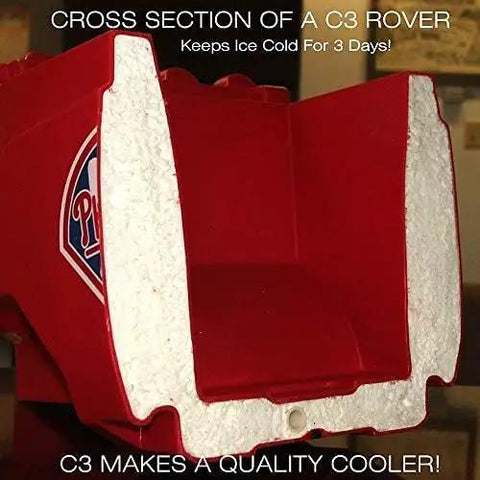 Cross section of Remote Controlled Rolling Beer Cooler Roto Molded Drink Chiller showing insulation for ice retention.
