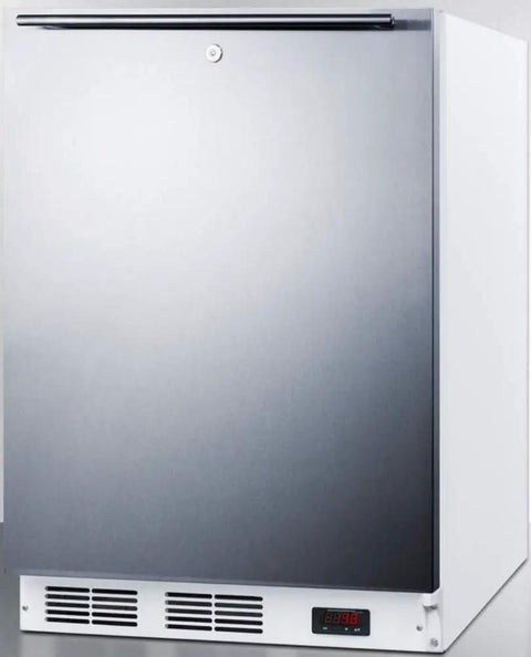 Stainless Steel Upright Freezer With Ada Compliant Height And Heavy Duty Lock Built Like A Solid Workhorse To Keep Your Premium Coolers Deep Frozen Safe And Sorted For Any Commercial Space - front view, compact size, stainless finish.