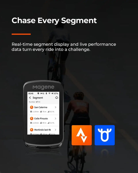 2.8 Inch Color GPS Bike Computer With ClimbPro Multi-Scenario, Live Segments displaying segment data with icons