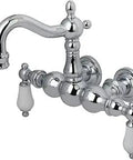 Vintage Wall Mount Tub Faucet in Polished Chrome With Solid Brass Construction, Ceramic Disc Valves, Porcelain Lever Handles
