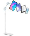 Versatile Height Adjustable Tablet Floor Stand With Dual Self Locking Gears And Straight Up Rock Solid Base Zero Shake Sixty Three Inch Reach For Tablets Phones Monitors in white holding multiple devices.