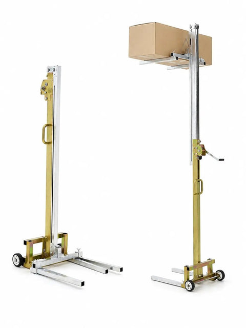 Heavy Duty Hand Crank Winch Stacker For Lifting Heavy Loads with box, 80kg steel forks, adjustable height, mobile design.