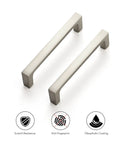 Two 25 Pack Solid 3-3/4 Inch Kitchen Square Cabinet Handles Brushed Nickel Drawer Pulls with durability features icons.